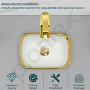 Plantex Ceramic Basin for Bathroom/Designer TableTop Wash Basin/Bathroom Vessel Sink/Washbasin - White & Gold (14.1 x 9 x 5 Inch)
