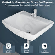 Plantex Ceramic Basin with Stainless Steel Pillar Cock/Wall Hung Basin/Deck Mount Tap/Basin for Bathroom - (Plano - Combo)