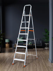 Plantex Legend Aluminium Folding 8 Step Ladder for Home - 8 Step Anti Skid Ladder/Wide Step Ladder (Orange-Silver)