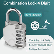 Plantex 4 Digit Combination Number Password Metal Lock/Zinc Alloy Locks for Luggage/Locks for Travel Bags for Luggage/Locks for Cabin Luggage/Travel Essentials - Pack of 2 (Silver)