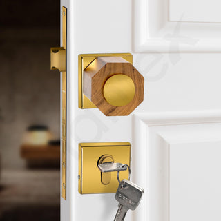 Plantex Heavy Duty Door Lock/Stainless Steel and Wooden Main Door Mortise Lock Handle/Handle Set for Home/Office/Door Accessories (Gold, Wooden)