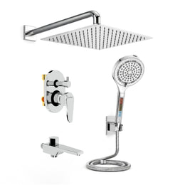 Plantex Bathroom Shower Combo Set/Concealed Diverter with 12x12 Inch Overhead Shower/6 Mode Shower Hand with 1.5 Mtr Flexible Hose Pipe with Hook/Brass Bath Tub Spout - Chrome