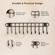 Plantex Hook Rail/GI Steel Hooks for Wall Without Drilling/Self Adhesive Hook Rail for Clothes/Towel - Pack of 1 (11 Hooks, Black)