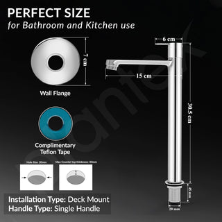 Plantex Pure Brass High Neck Pillar Tap for Wash Basin with Teflon Tape/Tabletop Wash Basin Tap/Pillar Cock with 7 Year Warranty (FLO-804-Mirror Chrome)