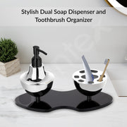 Plantex Liquid Soap Dispenser with Tumbler Holder for Bathroom/Stainless Steel and Acrylic 2 in 1 Shampoo Dispenser with Toothpaste Holder/Bathroom Accessories - Pack of 1 (Chrome & Black)