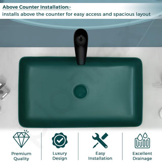 Plantex Basin for Bathroom/Ceramic Table Top Wash Basin/Over Counter Washbasin for Restaurant/Hotel (Rectangle - Matt Green, 24 x 14 x 4.5 Inch)