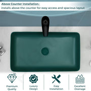 Plantex Basin for Bathroom/Ceramic Table Top Wash Basin/Over Counter Washbasin for Restaurant/Hotel (Rectangle - Matt Green, 24 x 14 x 4.5 Inch)