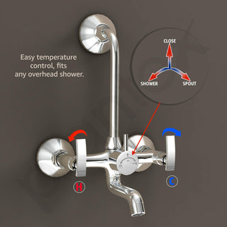 Plantex Brass Spindle Wall Mixer for Bathroom 2 in 1 with L-Bend Provision for Overhead Shower/Mixer Tap for Bathroom with Water Saving Nozzle and Wall Flange and Teflon Tape (SMR-1269-Chrome)