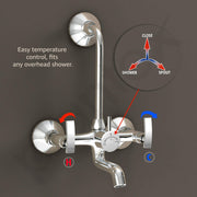 Plantex Brass Spindle Wall Mixer for Bathroom 2 in 1 with L-Bend Provision for Overhead Shower/Mixer Tap for Bathroom with Water Saving Nozzle and Wall Flange and Teflon Tape (SMR-1269-Chrome)