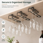 Plantex Self-Adhesive Wine Glass Holder Hanging/Stemware Organizer Rack/Under Cabinet Glass Storage Stand/Wine Rack for Pubs/Kitchen/Bars - Pack of 3 (Black)