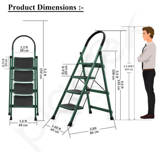 Plantex Hercules Pro 4-Step Foldable Ladder for Home with 200 kg Load Capacity/Heavy-Duty GI Steel Ladder/Anti-Slip Wide Step/Strong, Stable & Multi-Purpose (Green)