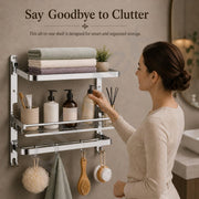 Plantex Folding Bathroom Shelf for Wall/304 Grade Stainless Steel Shelf for Bathroom with Hooks and Towel Rod/Rack/Premium Multipurpose Organizer (3-Tier, Chrome)