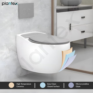 Plantex Imported Ceramic Rimless Commode for Toilet/Wall Hung Western Toilet/Washdown Commode with Soft Closing Toilet Seat Cover - P Trap Outlet (1183, Grey Glossy)