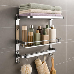 Plantex Folding Bathroom Shelf for Wall/304 Grade Stainless Steel Shelf for Bathroom with Hooks and Towel Rod/Rack/Premium Multipurpose Organizer (3-Tier, Chrome)