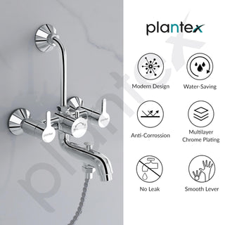 Plantex Pure Brass 3 In 1 Wall Mixer for Bathroom with L-Bend Provision for Overhead and Hand Shower/Mixer Tap for Bathroom with Water Saving Aerator and Brass Wall Flange (ORE-1421)