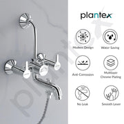 Plantex Pure Brass 3 In 1 Wall Mixer for Bathroom with L-Bend Provision for Overhead and Hand Shower/Mixer Tap for Bathroom with Water Saving Aerator and Brass Wall Flange (ORE-1421)