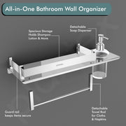 Plantex Stainless Steel 3in1 Multipurpose Bathroom Rack/Shelf with soap Dispenser and Towel Holder - Bathroom Accessories (15x6 Inches), Silver, Set of 1