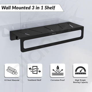Plantex No Drill Bathroom Organiser/Self Adhesive Wall Mount Multipurpose Shelf/Rack/Towel Rod/Hooks for Bathroom - Pack of 1 (15 x 5 Inch, Black)