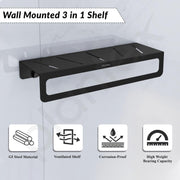 Plantex Alloy Steel No Drill Bathroom Organiser/Self Adhesive Wall Mount Multipurpose Shelf/Rack/Towel Rod/Hooks for Bathroom - Pack of 1 (15 x 5 Inch, Black)