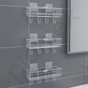 Plantex Stainless Steel Self Adhesive Shelf/Multipurpose Bathroom Shelf with Hooks/Towel Holder/Rack/Bathroom Accessories Set/Bathroom Organiser Without Drill - Pack of 3 (Chrome)