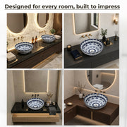 Plantex Designer Ceramic Basin/Table Top Wash Basin for Bathroom/Round Countertop Vessel Sink Basin for Home/Restaurant (White Art, 16 x 16 x 6 Inch)