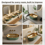 Plantex Designer Wash Basin for Bathroom/Ceramic Table Top Washbasin/Countertop Vessel Sink Basin - (Green Gold, 22 x 13 x 6 Inch)