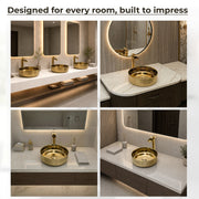 Plantex Ceramic Washbasin/Tabletop Wash Basin/Countertop Vessel Sink for Bathroom/Livingroom Decor - Indo-European Collection (Gold -14.4 x 14.4 x 5 Inch)