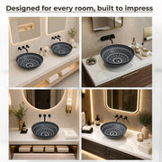 Plantex Ceramic Round Wash Basin for Bathroom/Designer Table Top Washbasin/Countertop Hand Basin for Restaurant/Hotel (15.5x15.5x4.5 Inch - Black & White)