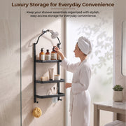 Plantex Stainless Steel Shower Rack/Self Adhesive Shower Caddy for Bathroom Hanging/3 Layer Shower Shelf for Bathroom with Soap Dish Holder,Toothbrush Holder (1520, Black)
