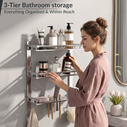 Plantex 3 Tier Bathroom Organizer/Stainless Steel Bathroom Accessories Set with Soap Dish and Brush Slots/Hooks/Tumbler Holder