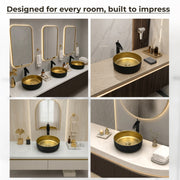 Plantex Table Top Wash Basin for Bathroom/Designer Ceramic Basin/Round Countertop Vessel Sink Basin for Home/Office/Hotel (Black & Gold - 14 x 14 x 5 Inch)