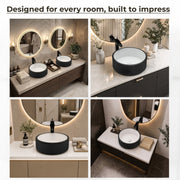 Plantex Round Ceramic Table Top Wash Basin/Designer Counertop Washbasin/Vessel Sink for Bathroom/Home/Restaurant (White & Black-17 x 17 x 6 Inch)