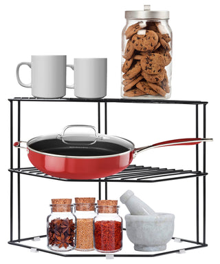 Plantex Stainless Steel Multipurpose 3-Tier Floor Standing, Tabletop Kitchen Corner Rack/Storage Shelf/Dish Rack/Storage Rack For Kitchen/Corner Stand For Kitchen Corner(Black, Corner Shelf)