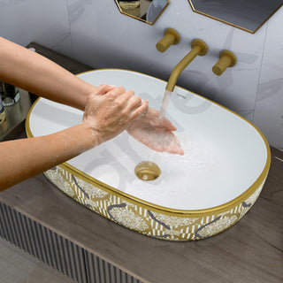 Plantex Tabletop Washbasin for Bathroom/Designer Ceramic Hand Wash Basin/Vessel Sink Basin for Home/Hotel - (23x16x5.5 inch - White & Gold)