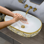 Plantex Tabletop Washbasin for Bathroom/Designer Ceramic Hand Wash Basin/Vessel Sink Basin for Home/Hotel - (23x16x5.5 inch - White & Gold)