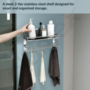 Plantex Stainless Steel Bathroom Shelf/Bathroom Stand for Wall/Bathroom Racks and Shelves with Hooks & Towel Holder/Bathroom Organiser with Drill (2-Tier, Chrome, Polished)