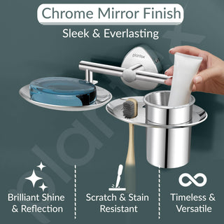 Plantex J4 Stainless Steel Soap Dish with Tumbler Holder/Soap and Brush Holder for Bathrooom/2 in 1 Soap Holder with Toothbrush Holder/Bathroom Accessories (Chrome Finish) Angel