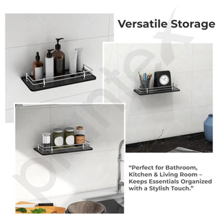 Plantex Wall Mount Glass Shelf for Bathroom/Shelves for Kitchen/Black Glass Shelf, Polished (12x6 Inches - Pack of 2)