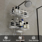 Plantex No Drill Bathroom Organiser/Shower Caddy for Bathroom Hanging/5in1 Stainless Steel Shelf with Soap Holder and Hooks (Big Size-Square Shape-Chrome Finish)