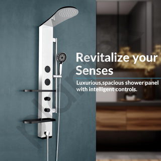 Plantex 304 Grade Stainless Steel Shower Panel for Bathroom Full Set with Overhead Shower/Hand Shower with Hose Pipe & Clamp/Round Body Jets- Full Shower Set with Utility Shelves (Chrome & Black)