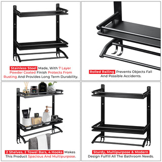 Plantex Stainless Steel Bathroom Shelf/Bathroom Organiser with Drill/Wall Mounted Rack with Hooks and Towel Hanger/Bathroom Accessories Set (3-Tier, Matt Black)