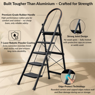 Plantex Hercules Pro 5-Step Foldable Ladder for Home with 200 kg Load Capacity/Heavy-Duty GI Steel Ladder/Anti-Slip Wide Step/Strong, Stable & Multi-Purpose (Black)