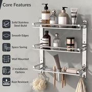 Plantex 3 Tier Bathroom Organizer/Stainless Steel Bathroom Accessories Set with Soap Dish and Brush Slots/Hooks/Tumbler Holder