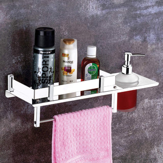 Plantex Stainless Steel 3in1 Multipurpose Bathroom Rack/Shelf with soap Dispenser and Towel Holder - Bathroom Accessories (15x6 Inches), Silver, Set of 1