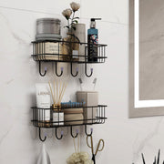 Plantex Multipurpose Bathroom Organiser Without Drill/GI Steel Self-Adhesive Shelf/Wall Mounted Shelf for Bathroom With Hooks- Pack of 2 (Black,Powder Coated)