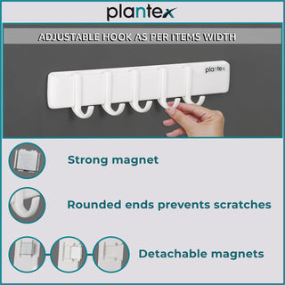 Plantex ABS Plastic Magnetic Hook Rail with J-Shape/Hooks for Wall Without Drilling/Hook Rail Bar for Clothes/Towel/Keys (5 Hooks - White)
