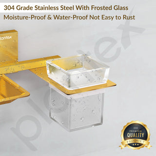 Plantex 304 Grade Stainless Steel Soap Dish with Glass Toothbrush Holder/Soap Stand/Soap Case with Tumbler/Bathroom Accessories - Pack of 1 (Crystal, PVD Gold)
