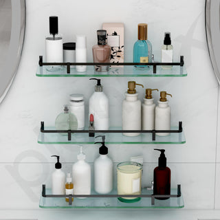 Plantex Bathroom Accessories - Wall Mounted Bathroom Shelves/Glass Shelves for Kitchen/Living Room with Black Brass Railings (18x6 Inches, Frosted) - Pack of 3