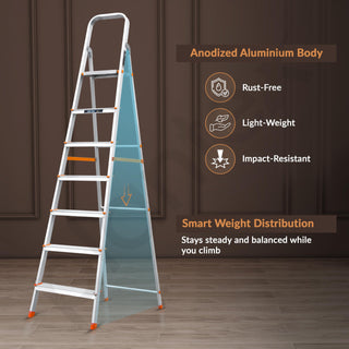 Plantex Legend Aluminium Folding 7 Step Ladder for Home - 7 Step Anti Skid Ladder/Wide Step Ladder (Orange-Silver)