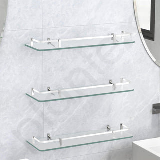 Plantex Multipurpose Frosted Glass Shelves for Bathroom/Shelves for Kitchen/Living Room Wall Shelves with Brass Railings and Wall Brackets (Chrome Finish, 18x6 Inches) - Pack of 3
